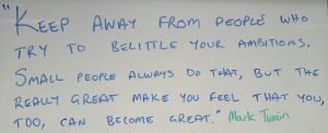 “Keep away from people who try to belittle your ambitions. Small people always do that, but the really great make you feel that you, too, can become great.” – Mark Twain